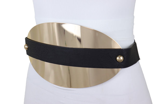 Brand New Women Black Elastic Wide Bling Fashion Belt Hip Waist Oval Gold Metal Plate S M
