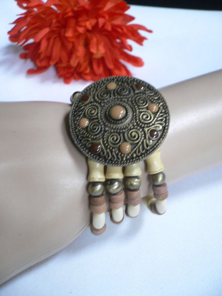 Wood Bracelet Cream Brown Green Brown Dots Beads Native Women Jewelry Accessories