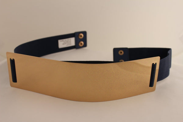 Light Brown (Mocha) / Dark Navy / Royal Blue / Gold Yellow / Black /Red / White Elastic Stretch Back High Waist Hip Belt Gold Metal Mirror Plate New Women Fashion Accessories Plus Size - alwaystyle4you - 11