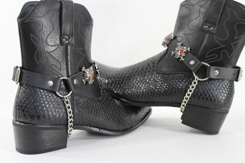Fashionable Biker Western Boots Bracelets Chain Black Leather 2 Straps Silver Skull Skeleton - alwaystyle4you - 1