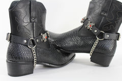 Fashionable Biker Western Boots Bracelets Chain Black Leather 2 Straps Silver Skull Skeleton - alwaystyle4you - 1