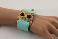 Aqua Blue / Pink / Light Pink / Black Faux Leather Strap Nude Bracelet Gold Metal Owl Head Black Rhinestone Fashion New Women Jewelry Accessories - alwaystyle4you - 1