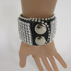 Silver Crystals Large Flower Black Leather Multi Rhinestone Bracelet New Women Fashion Jewelry Accessories - alwaystyle4you - 2