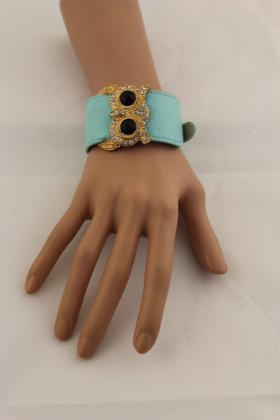 Aqua Blue / Pink / Light Pink / Black Faux Leather Strap Nude Bracelet Gold Metal Owl Head Black Rhinestone Fashion New Women Jewelry Accessories - alwaystyle4you - 26