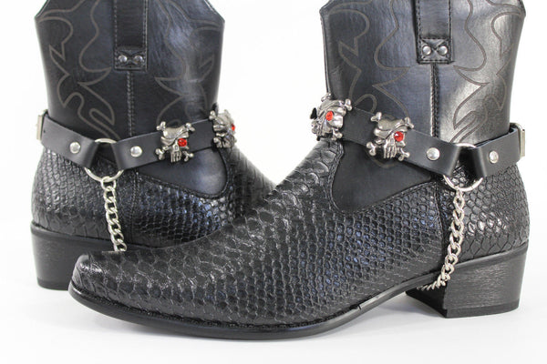 Fashionable Biker Western Boots Bracelets Chain Black Leather 2 Straps Silver Skull Skeleton - alwaystyle4you - 3