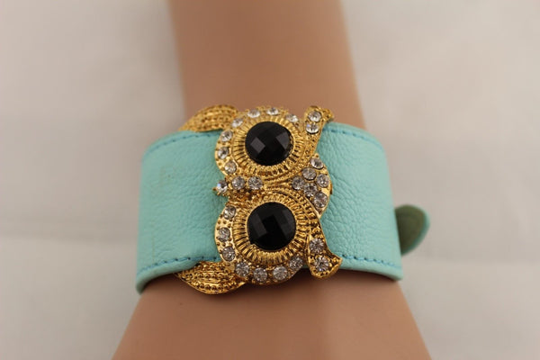 Aqua Blue / Pink / Light Pink / Black Faux Leather Strap Nude Bracelet Gold Metal Owl Head Black Rhinestone Fashion New Women Jewelry Accessories - alwaystyle4you - 27