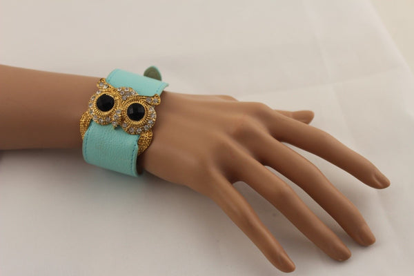 Aqua Blue / Pink / Light Pink / Black Faux Leather Strap Nude Bracelet Gold Metal Owl Head Black Rhinestone Fashion New Women Jewelry Accessories - alwaystyle4you - 28
