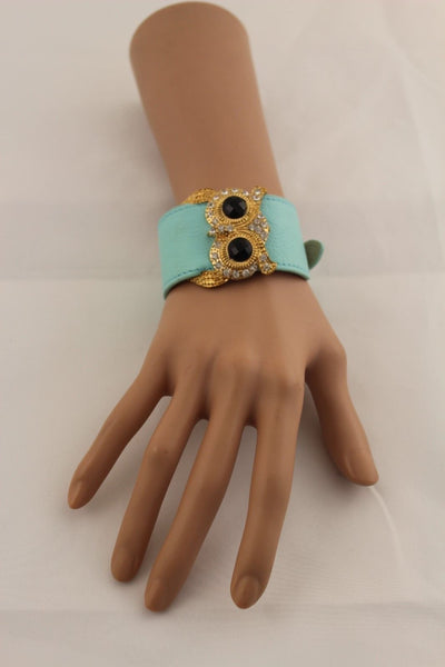 Aqua Blue / Pink / Light Pink / Black Faux Leather Strap Nude Bracelet Gold Metal Owl Head Black Rhinestone Fashion New Women Jewelry Accessories - alwaystyle4you - 29