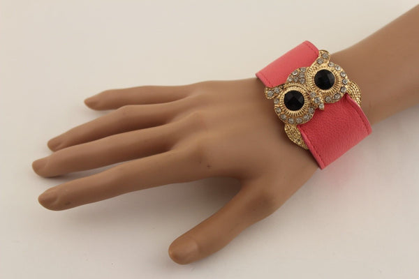 Aqua Blue / Pink / Light Pink / Black Faux Leather Strap Nude Bracelet Gold Metal Owl Head Black Rhinestone Fashion New Women Jewelry Accessories - alwaystyle4you - 18