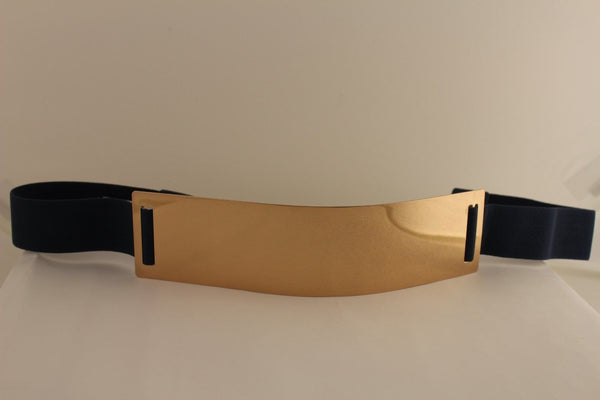 Light Brown (Mocha) / Dark Navy / Royal Blue / Gold Yellow / Black /Red / White Elastic Stretch Back High Waist Hip Belt Gold Metal Mirror Plate New Women Fashion Accessories Plus Size - alwaystyle4you - 17
