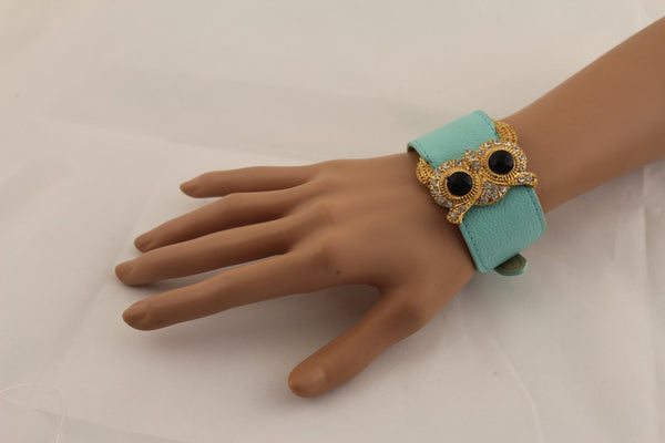 Aqua Blue / Pink / Light Pink / Black Faux Leather Strap Nude Bracelet Gold Metal Owl Head Black Rhinestone Fashion New Women Jewelry Accessories - alwaystyle4you - 31