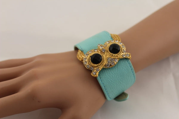 Aqua Blue / Pink / Light Pink / Black Faux Leather Strap Nude Bracelet Gold Metal Owl Head Black Rhinestone Fashion New Women Jewelry Accessories - alwaystyle4you - 32