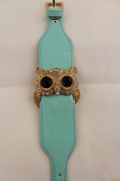 Aqua Blue / Pink / Light Pink / Black Faux Leather Strap Nude Bracelet Gold Metal Owl Head Black Rhinestone Fashion New Women Jewelry Accessories - alwaystyle4you - 33