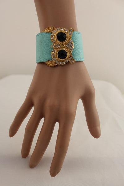 Aqua Blue / Pink / Light Pink / Black Faux Leather Strap Nude Bracelet Gold Metal Owl Head Black Rhinestone Fashion New Women Jewelry Accessories - alwaystyle4you - 17
