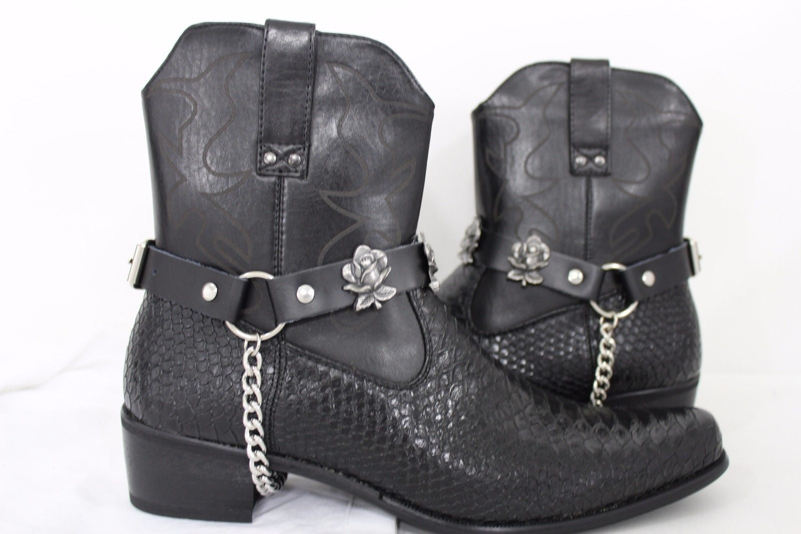 Silver Boot Chain Bracelet Pair Black Leather Straps Rose Flowers Western Women Men - alwaystyle4you - 1