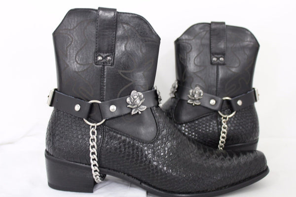 Silver Boot Chain Bracelet Pair Black Leather Straps Rose Flowers New Western Women Men - alwaystyle4you - 1