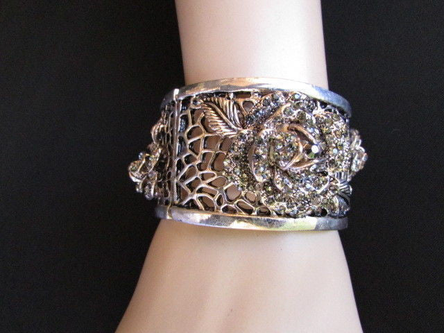 Silver Pewter Elastic Metal Bracelet Rhinestones Roses Flowers Women Fashion Jewelry Accessories - alwaystyle4you - 1