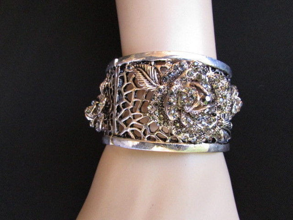 Silver Pewter Elastic Metal Bracelet Rhinestones Roses Flowers New Women Fashion Jewelry Accessories - alwaystyle4you - 1