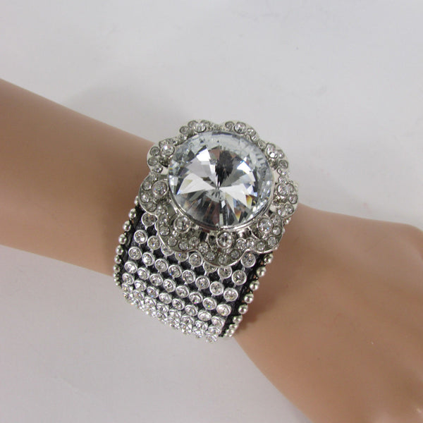 Silver Crystals Large Flower Black Leather Multi Rhinestone Bracelet New Women Fashion Jewelry Accessories - alwaystyle4you - 5