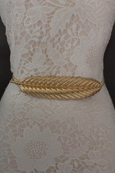 Gold / Silver Metal Hip High Waist Band Elastic Stretch Narrow Sexy Belt Long Leaf Buckle New Women Fashion Accessories S M L - alwaystyle4you - 4