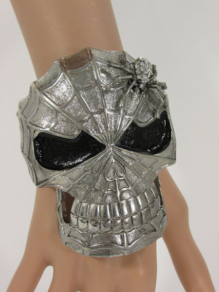 Silver Metal Cuff Bracelet Large Skull Rhinestones Spider Net Mask Skeletons - Halloween New Women Fashion Jewelry - alwaystyle4you - 8