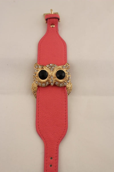 Aqua Blue / Pink / Light Pink / Black Faux Leather Strap Nude Bracelet Gold Metal Owl Head Black Rhinestone Fashion New Women Jewelry Accessories - alwaystyle4you - 20