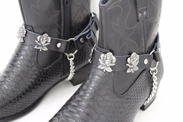 Silver Boot Chain Bracelet Pair Black Leather Straps Rose Flowers New Western Women Men - alwaystyle4you - 9