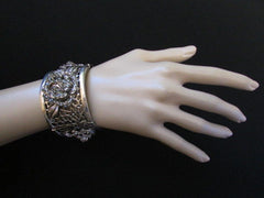 Silver Pewter Elastic Metal Bracelet Rhinestones Roses Flowers New Women Fashion Jewelry Accessories - alwaystyle4you - 2