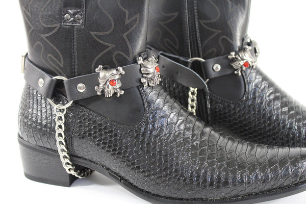 Fashionable Biker Western Boots Bracelets Chain Black Leather 2 Straps Silver Skull Skeleton - alwaystyle4you - 6