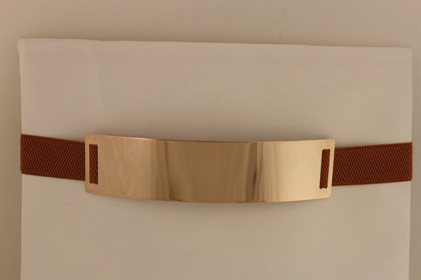 Light Brown (Mocha) / Dark Navy / Royal Blue / Gold Yellow / Black /Red / White Elastic Stretch Back High Waist Hip Belt Gold Metal Mirror Plate New Women Fashion Accessories Plus Size - alwaystyle4you - 4
