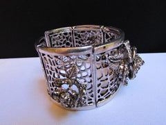 Silver Pewter Elastic Metal Bracelet Rhinestones Roses Flowers New Women Fashion Jewelry Accessories - alwaystyle4you - 3