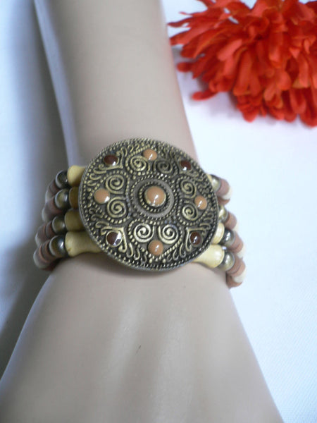 Beige Brown Wood Cream / Brown Bracelet Gold Dots Beads Native Style Fashion New Women Jewelry Accessories - alwaystyle4you - 23
