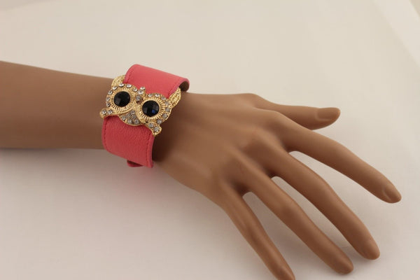 Aqua Blue / Pink / Light Pink / Black Faux Leather Strap Nude Bracelet Gold Metal Owl Head Black Rhinestone Fashion New Women Jewelry Accessories - alwaystyle4you - 21