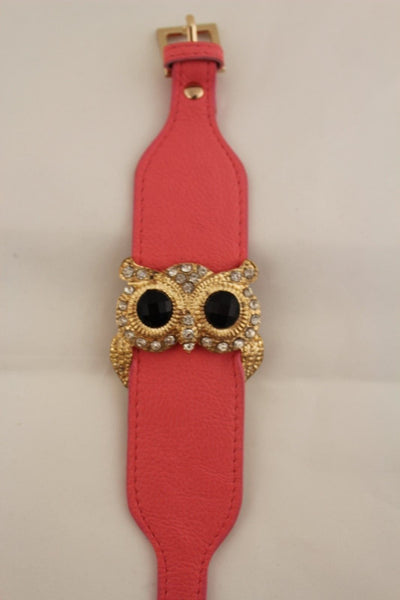 Aqua Blue / Pink / Light Pink / Black Faux Leather Strap Nude Bracelet Gold Metal Owl Head Black Rhinestone Fashion New Women Jewelry Accessories - alwaystyle4you - 22