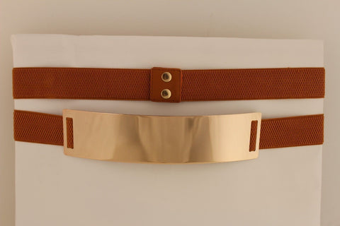 Light Brown (Mocha) / Dark Navy / Royal Blue / Gold Yellow / Black /Red / White Elastic Stretch Back High Waist Hip Belt Gold Metal Mirror Plate New Women Fashion Accessories Plus Size - alwaystyle4you - 1
