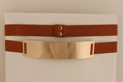 Light Brown (Mocha) / Dark Navy / Royal Blue / Gold Yellow / Black /Red / White Elastic Stretch Back High Waist Hip Belt Gold Metal Mirror Plate Women Fashion Accessories Plus Size - alwaystyle4you - 1