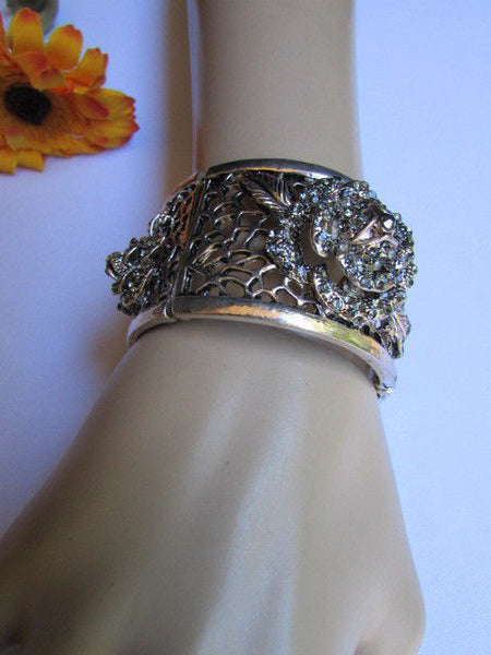 Silver Pewter Elastic Metal Bracelet Rhinestones Roses Flowers New Women Fashion Jewelry Accessories - alwaystyle4you - 4