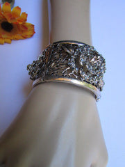 Silver Pewter Elastic Metal Bracelet Rhinestones Roses Flowers New Women Fashion Jewelry Accessories - alwaystyle4you - 4