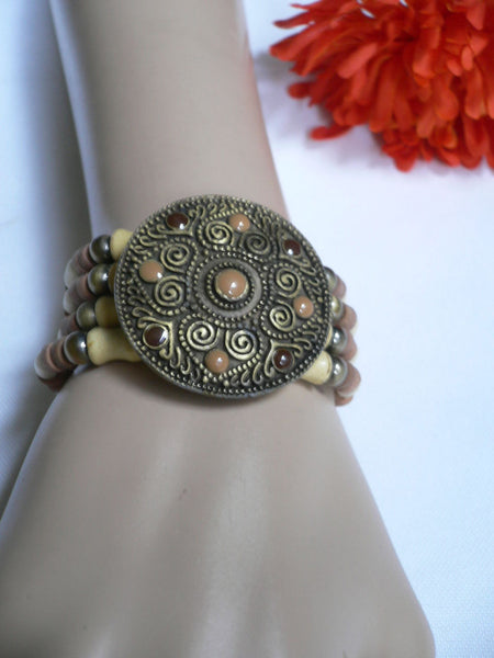 Beige Brown Wood Cream / Brown Bracelet Gold Dots Beads Native Style Fashion New Women Jewelry Accessories - alwaystyle4you - 25