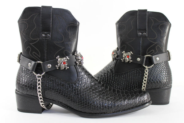 Fashionable Biker Western Boots Bracelets Chain Black Leather 2 Straps Silver Skull Skeleton - alwaystyle4you - 9