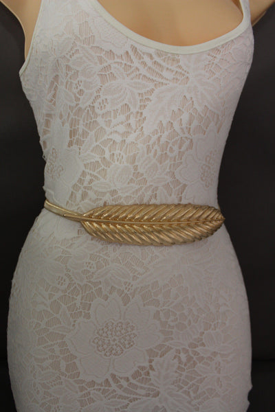 Gold / Silver Metal Hip High Waist Band Elastic Stretch Narrow Sexy Belt Long Leaf Buckle New Women Fashion Accessories S M L - alwaystyle4you - 8