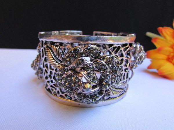 Silver Pewter Elastic Metal Bracelet Rhinestones Roses Flowers New Women Fashion Jewelry Accessories - alwaystyle4you - 5