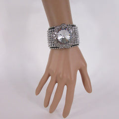 Silver Crystals Large Flower Black Leather Multi Rhinestone Bracelet New Women Fashion Jewelry Accessories - alwaystyle4you - 4
