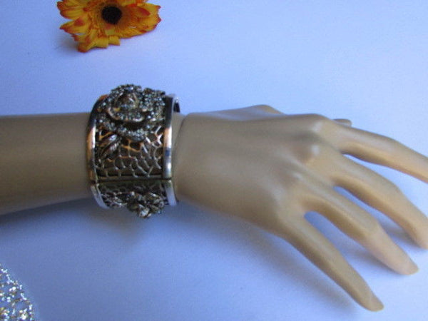 Silver Pewter Elastic Metal Bracelet Rhinestones Roses Flowers New Women Fashion Jewelry Accessories - alwaystyle4you - 6