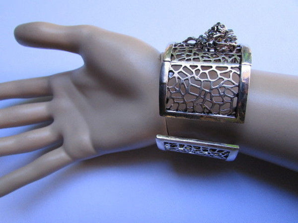 Silver Pewter Elastic Metal Bracelet Rhinestones Roses Flowers New Women Fashion Jewelry Accessories - alwaystyle4you - 7