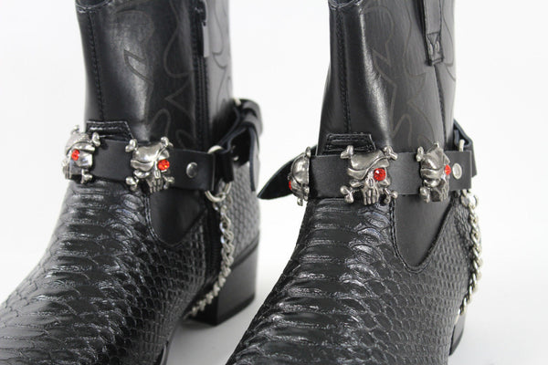 Fashionable Biker Western Boots Bracelets Chain Black Leather 2 Straps Silver Skull Skeleton - alwaystyle4you - 11