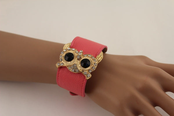 Aqua Blue / Pink / Light Pink / Black Faux Leather Strap Nude Bracelet Gold Metal Owl Head Black Rhinestone Fashion New Women Jewelry Accessories - alwaystyle4you - 4