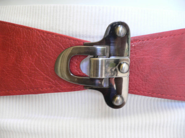 Red / Black / Gray / Dark Brown  Faux Leather Elastic Waist Hip Belt Silver Metal Hook Buckle New Women Fashion Accessories S M - alwaystyle4you - 11