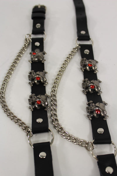 Fashionable Biker Western Boots Bracelets Chain Black Leather 2 Straps Silver Skull Skeleton - alwaystyle4you - 12