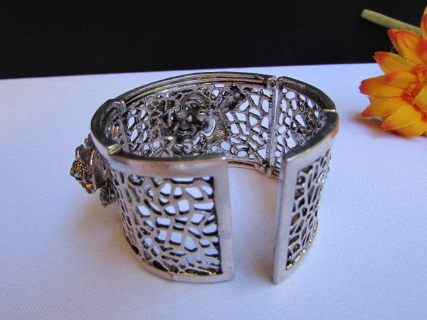 Silver Pewter Elastic Metal Bracelet Rhinestones Roses Flowers New Women Fashion Jewelry Accessories - alwaystyle4you - 8